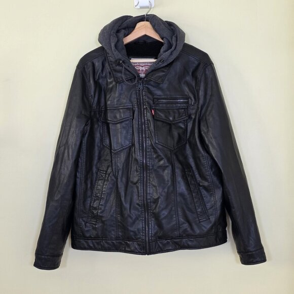 Levi's Trucker Jacket Men L Black Faux Leather LS Hooded Pockets Western Grunge